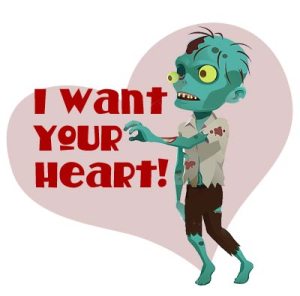 Zombie valentine featuring a zombie with his arms outstretched and the words "I want your heart!" printed on it.